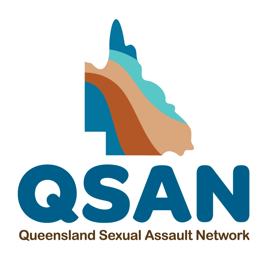 Shape of Queensland with colours running through, above the letters QSAN Queensland Sexual Assault Network